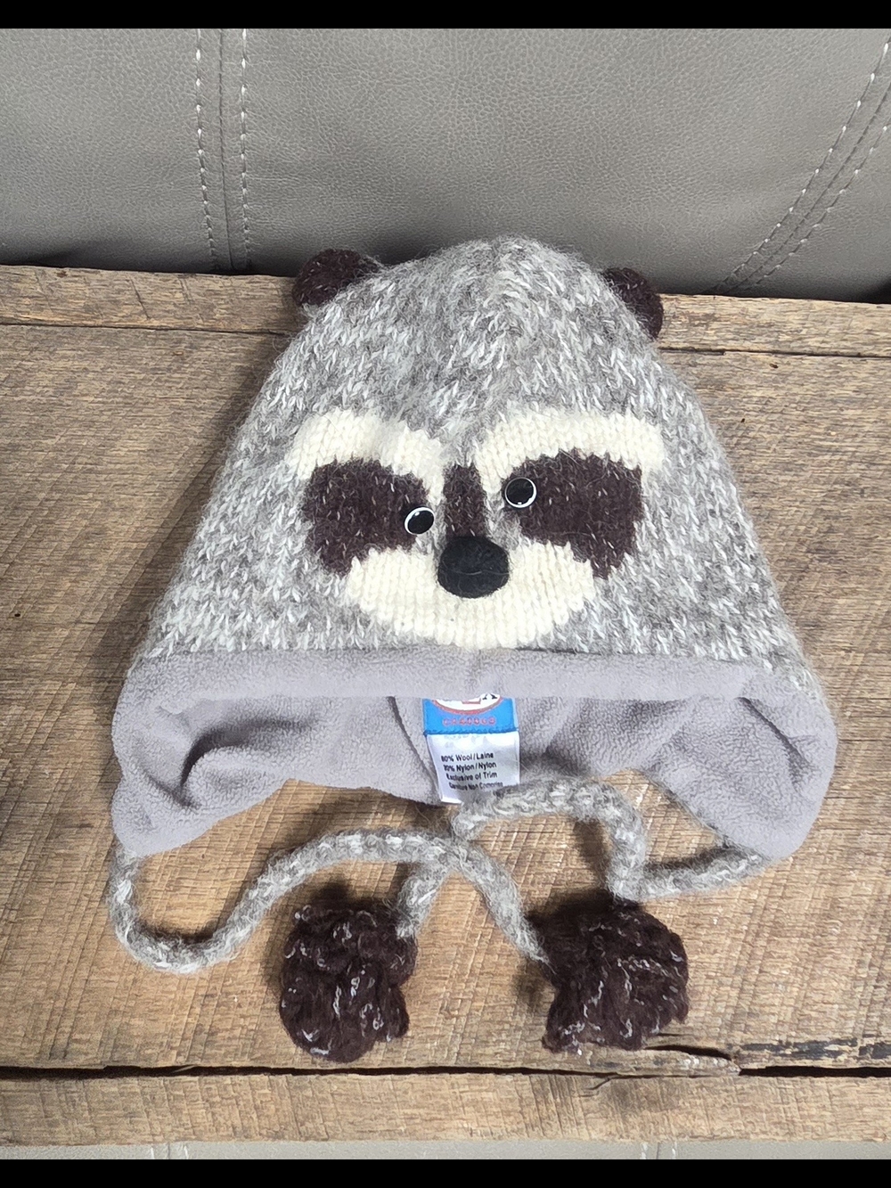 deLux Kid Raccoon Hat Knit Beanie  Fleece Lined Cap ~ Bin PP
